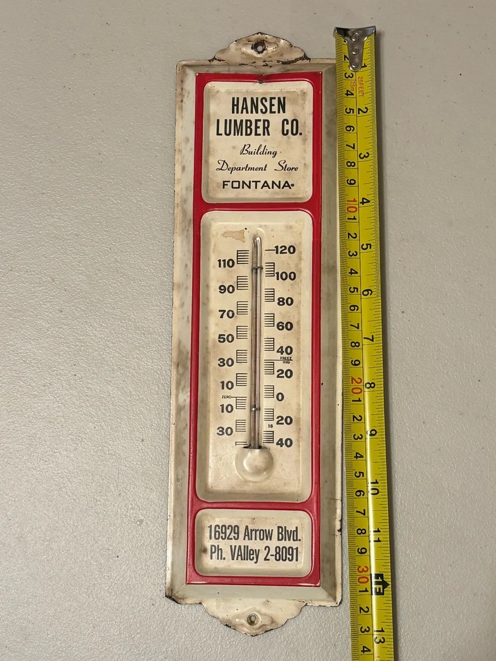 Vintage metal advertising wall thermometer, Fontana, California